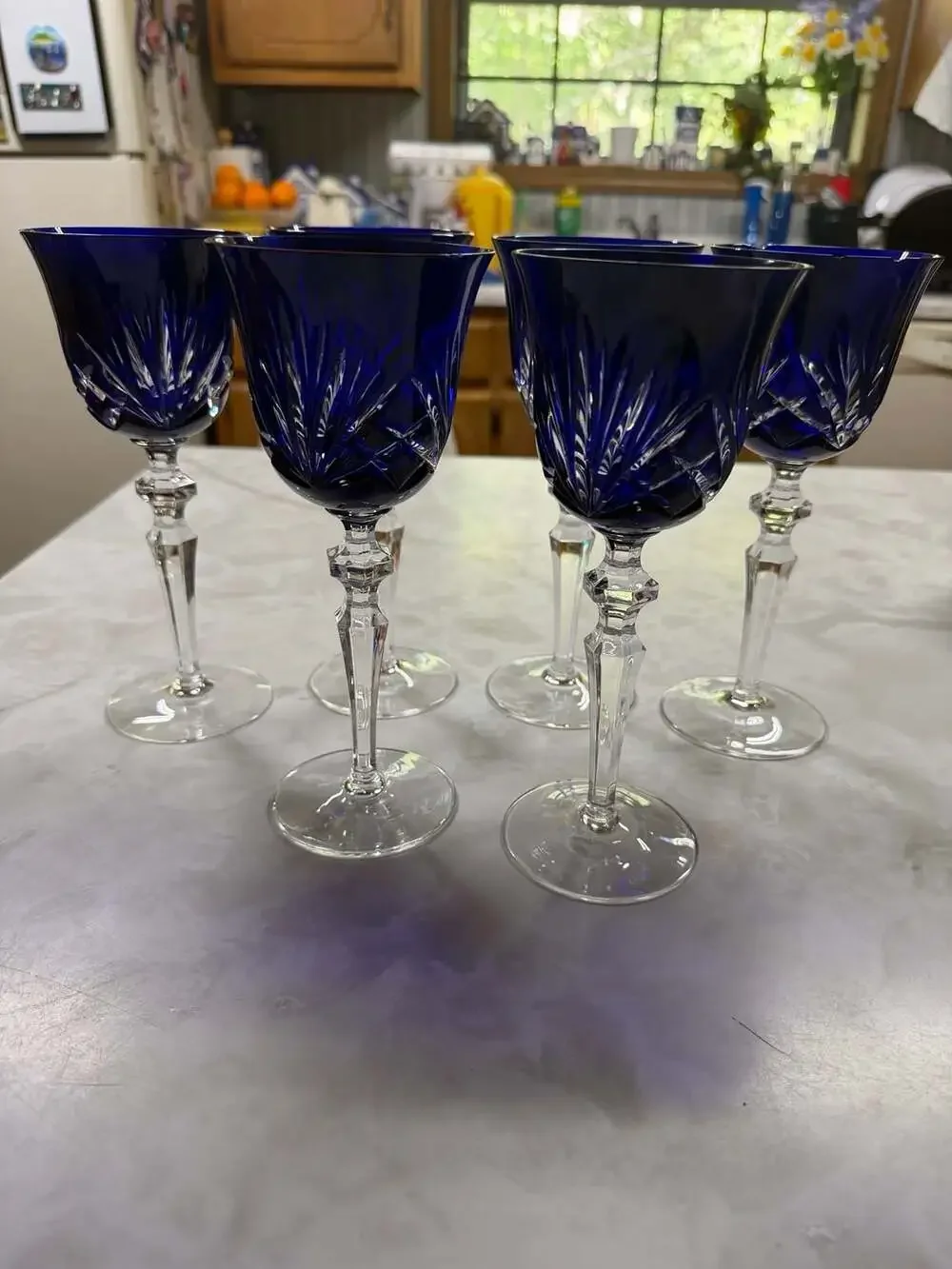 Vintage Gorham Crystal Cherrywood Cobalt Blue Cut-to-Clear Hock Wine Glasses Set